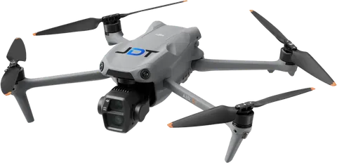 Drone DJI Air 3S, bras et hélices dépliés, logo JDT sur le capot et double caméra à l’avant.