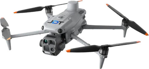 Drone DJI Matrice 4T, bras et hélices dépliés, logo JDT sur le capot et nacelle multicapteur à l’avant.
