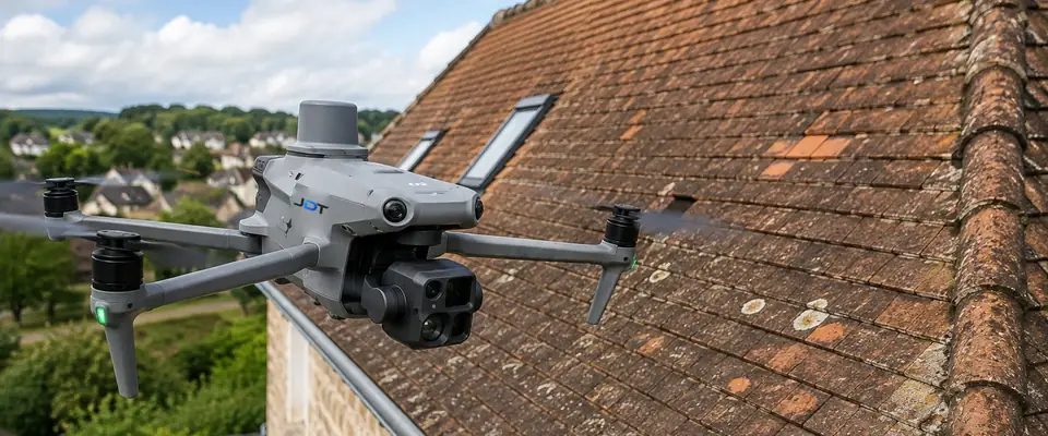 Drone gris en vol à quelques mètres d’un pan de toiture en tuiles, logo JDT sur le flanc.