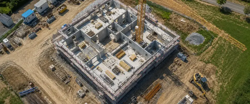 Vue aérienne d’un immeuble en construction : murs en béton entourés d’échafaudages, grue à tour, bungalows de chantier, matériaux stockés et pelle mécanique.