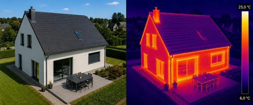 Maison individuelle avec baie vitrée et terrasse, en vue visible puis en vue thermique (échelle de 6 à 25 °C).
